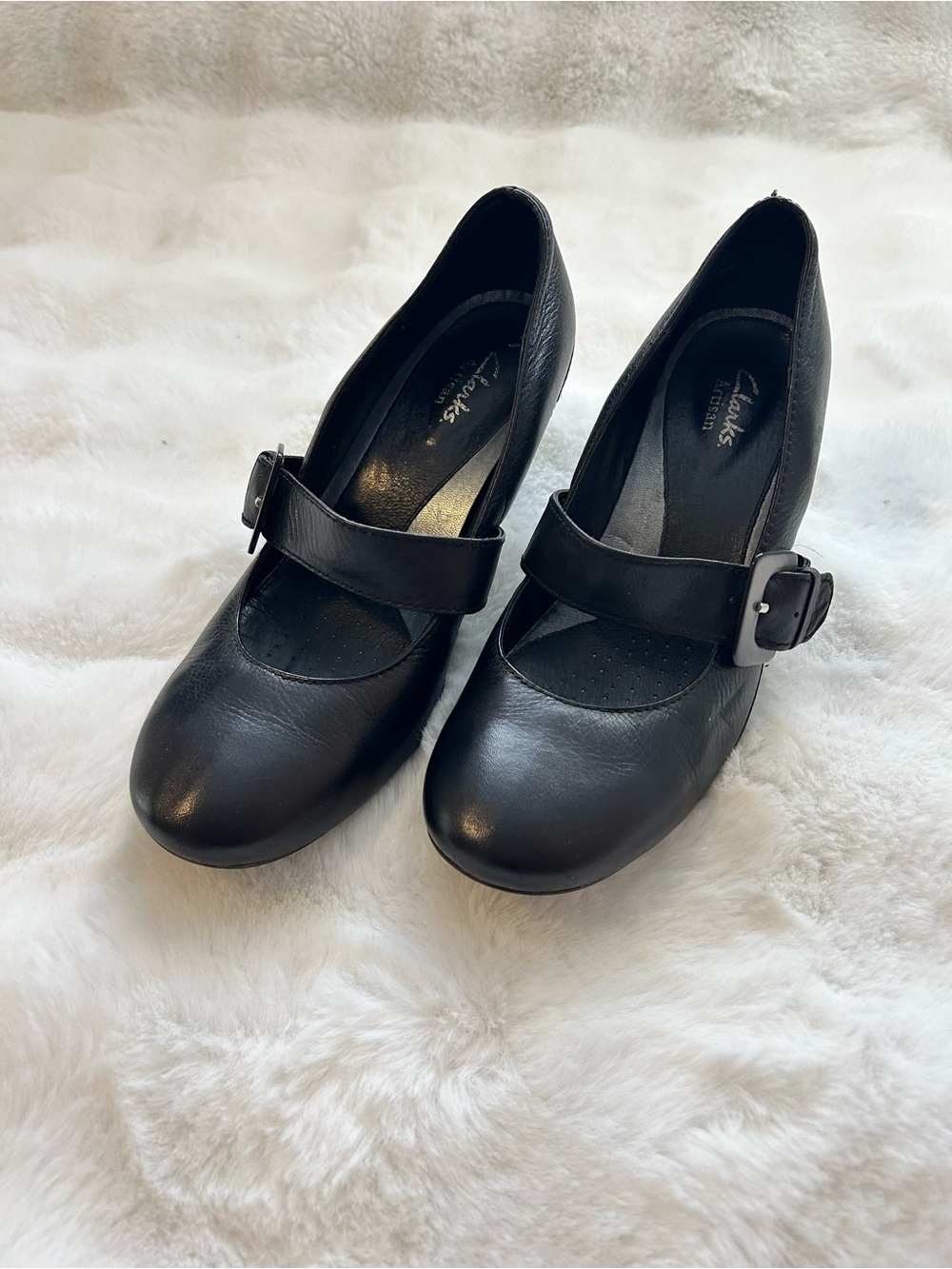 Clarks Black Leather Mary Jane Heels with Buckle